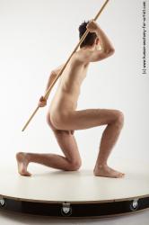 Nude Fighting with spear Man White Kneeling poses - ALL Slim Short Brown Kneeling poses - on one knee Realistic